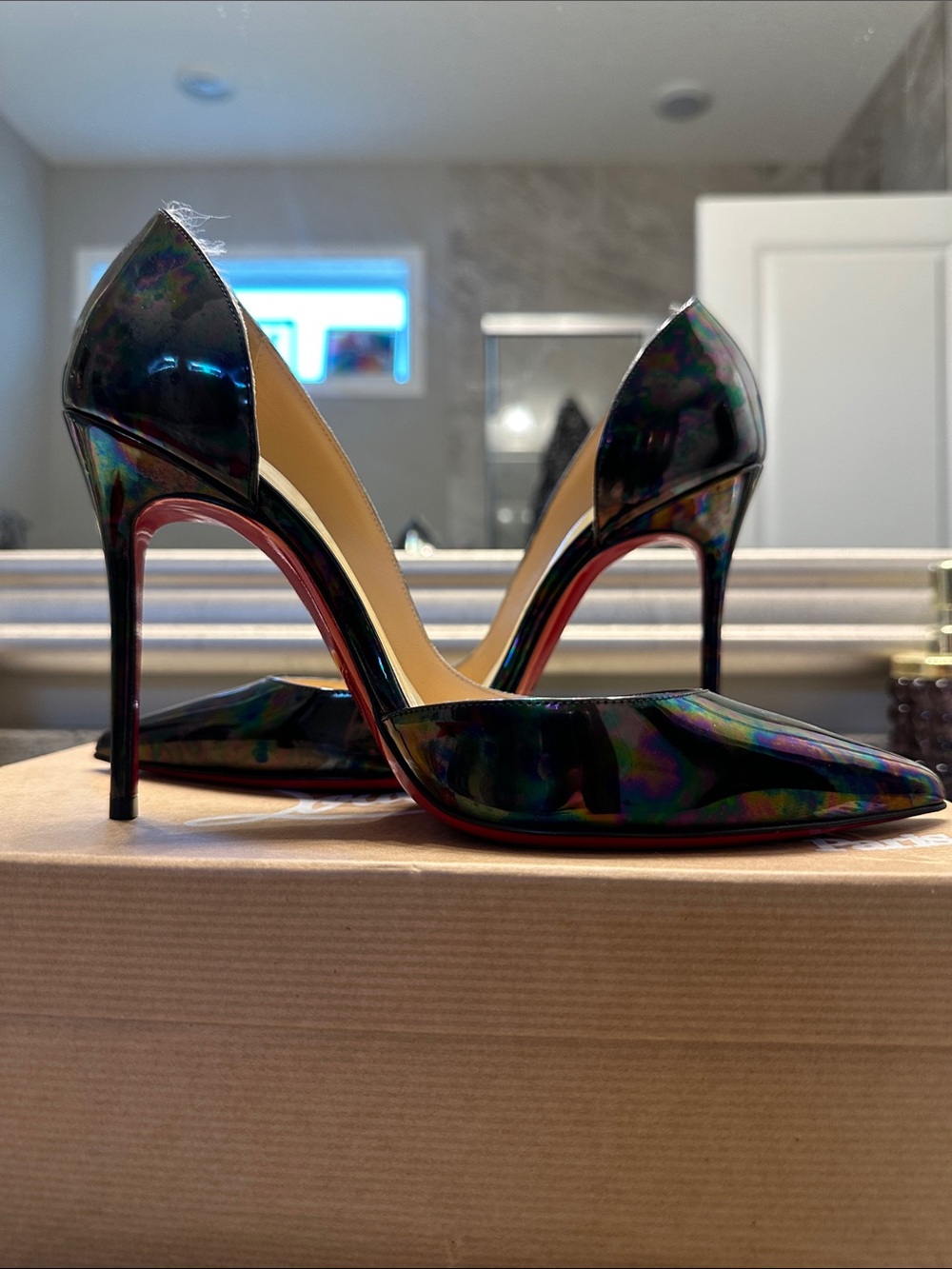 Authentic Christian Louboutin Stella Stiletto “oil spill” Black Patent leather